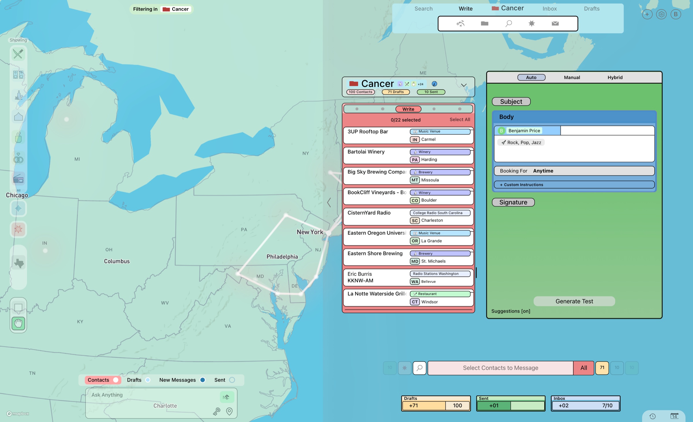 Murmur write tab on an iMac with campaign contacts, map, and email composer